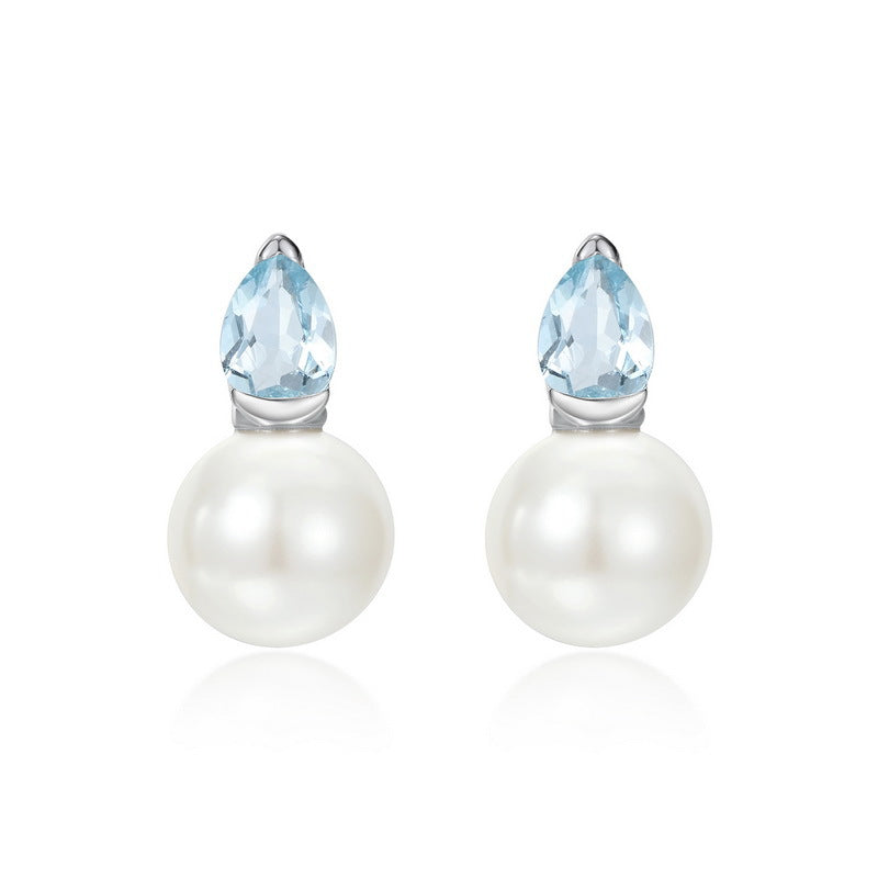 S925 Sterling Silver Jewelry Earrings Natural Freshwater Pearl Aquamarine Gemstone Earrings
