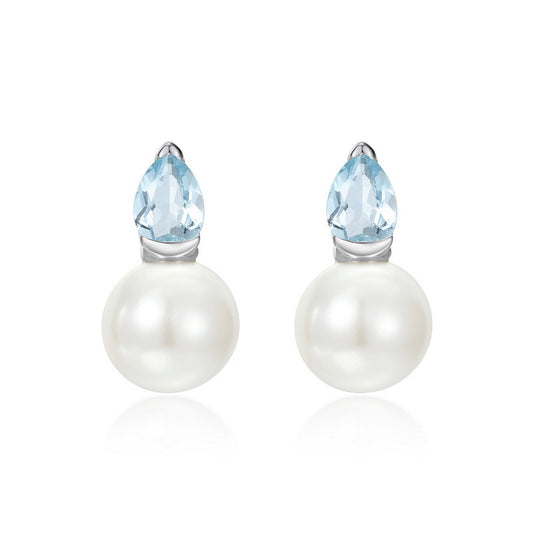 S925 Sterling Silver Jewelry Earrings Natural Freshwater Pearl Aquamarine Gemstone Earrings