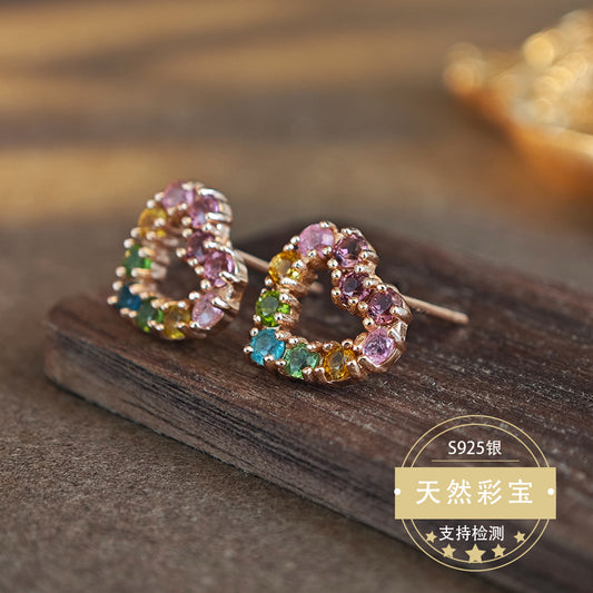 Natural Tourmaline Gemstone Fine Jewelry 925 Sterling Silver Heart Style Stud Earrings