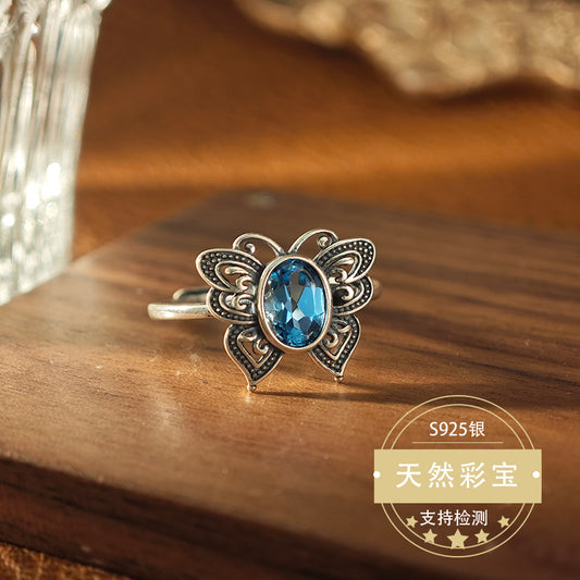 Natural Swiss Blue Topaz Gemstone Fine Jewelry 925 Sterling Silver Vintage Style Butterfly Jewelry Rings