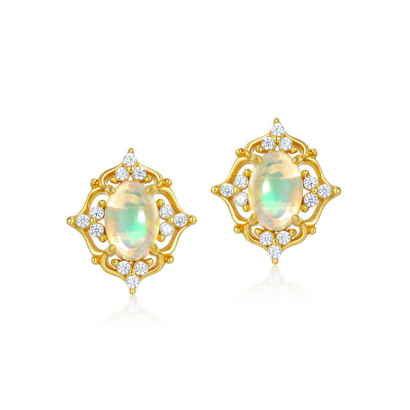 S925 Sterling Silver Jewelry Earrings Gold Plating Opal Gemstone Palace Style Stud Earrings