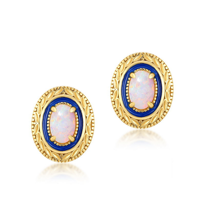 S925 Sterling Silver Jewelry Opal Gemstone Enamel Craft Vintage Style Luxury Earrings
