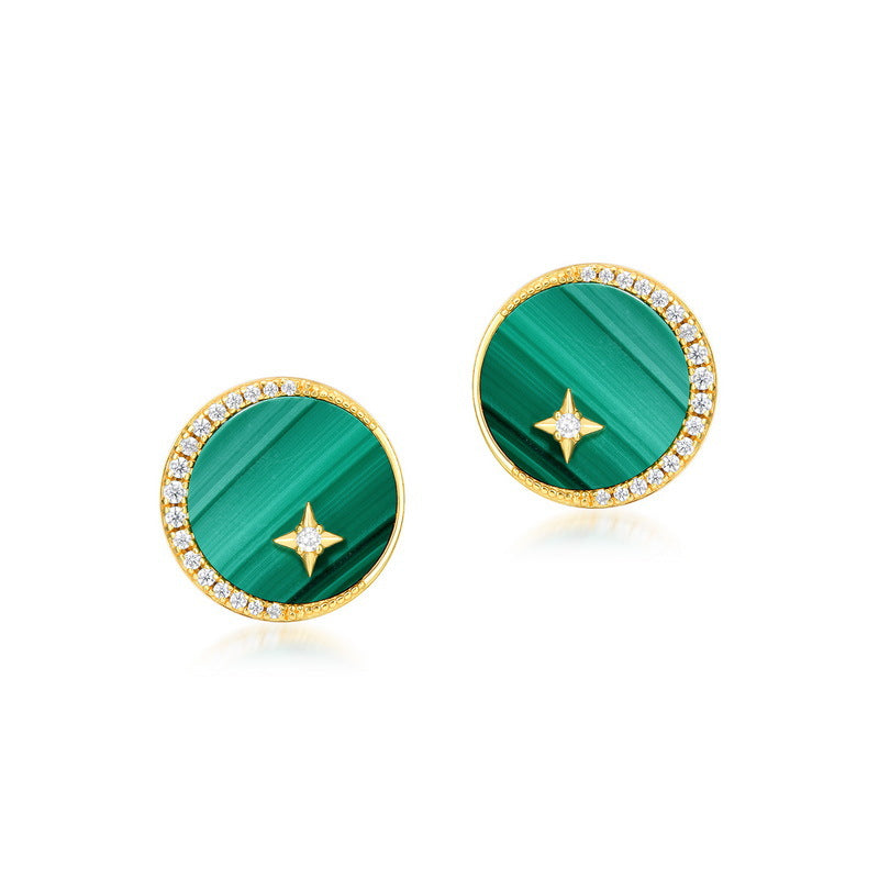 S925 Sterling Silver Jewelry Earrings Natural Malachite Gemstone Moon Star Style Stud Earrings