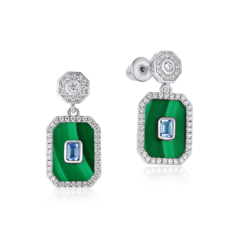 S925 Sterling Silver Jewelry Earrings Natural Malachite Gemstone Geometric Style Drop Earrings