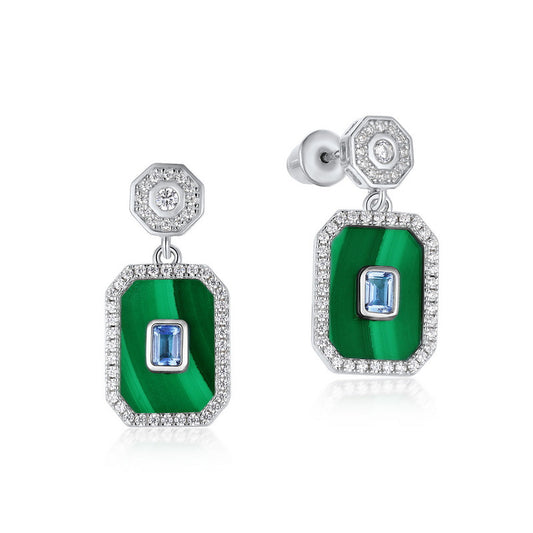 S925 Sterling Silver Jewelry Earrings Natural Malachite Gemstone Geometric Style Drop Earrings