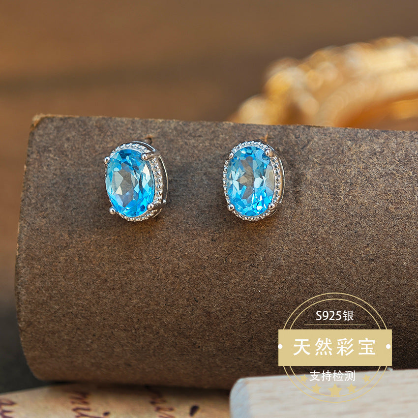 Natural Topaz Gemstone Fine Jewelry 925 Sterling Silver Oval Light Luxury Stud Earrings