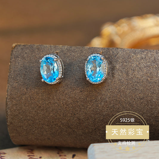 Natural Topaz Gemstone Fine Jewelry 925 Sterling Silver Oval Light Luxury Stud Earrings