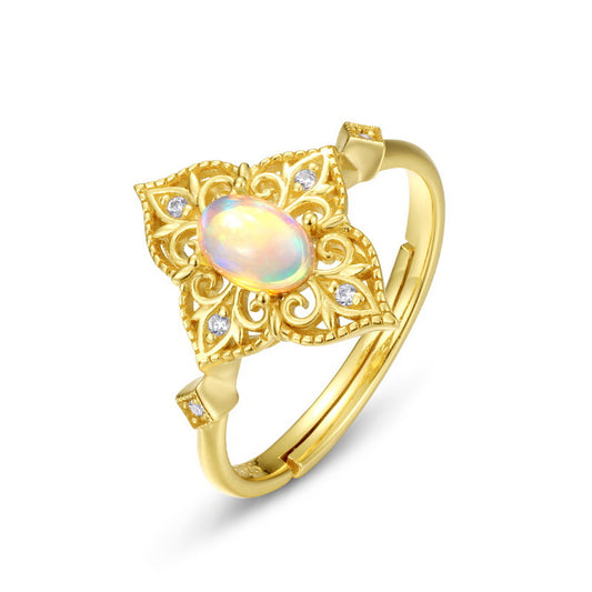 S925 Sterling Silver Jewelry Ring Natural Opal Gemstone Floral Lace Style Luxury Rings
