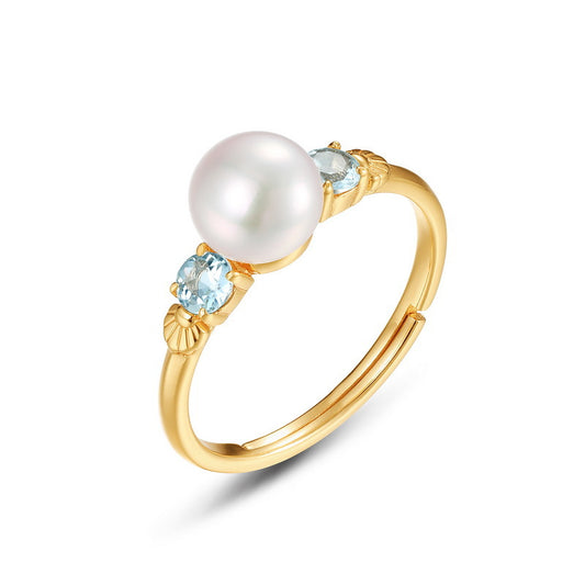 S925 Sterling Silver Jewelry Ring Natural Freshwater Pearl Sky Blue Topaz Gemstone Rings