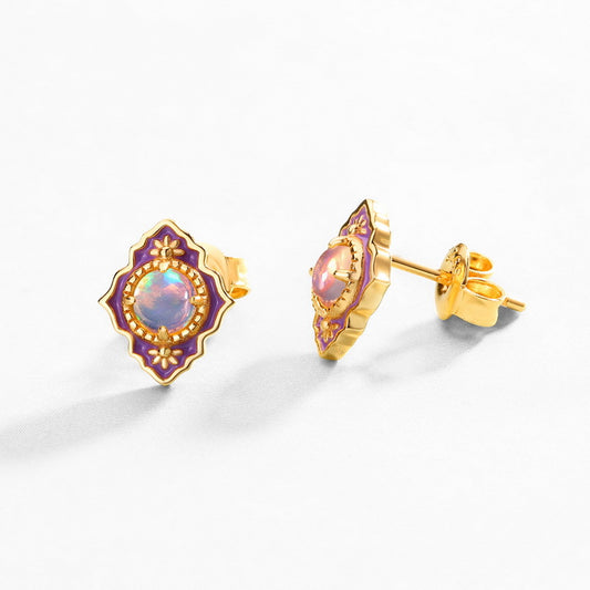 S925 Sterling Silver Jewelry Natural Opal Gemstone Enamel Craft Vintage Style Stud Earrings