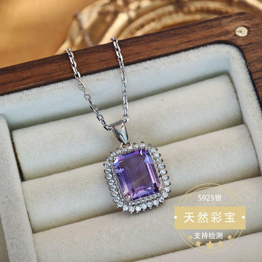 Natural Amethyst Gemstone Fine Jewelry 925 Sterling Silver Square Luxury Charms Necklace