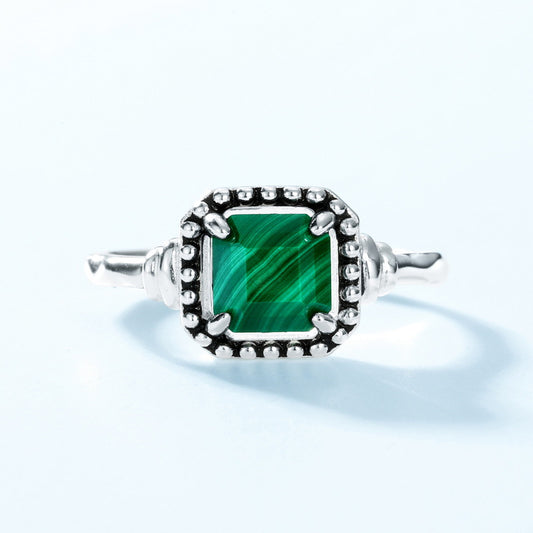 S925 Sterling Silver Jewelry Ring Natural Malachite Gemstone Vintage Style Rings