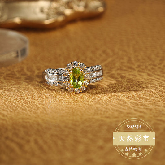 S925 Sterling Silver Jewelry Ring Natural Peridot Gemstone Oval Style Fashion Luxury Rings