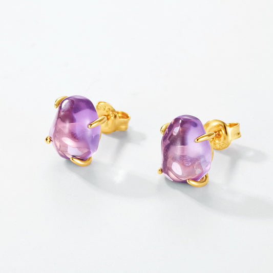 S925 Sterling Silver Jewelry Earrings Natural Amethyst Gemstone Irregular Style Stud Earrings