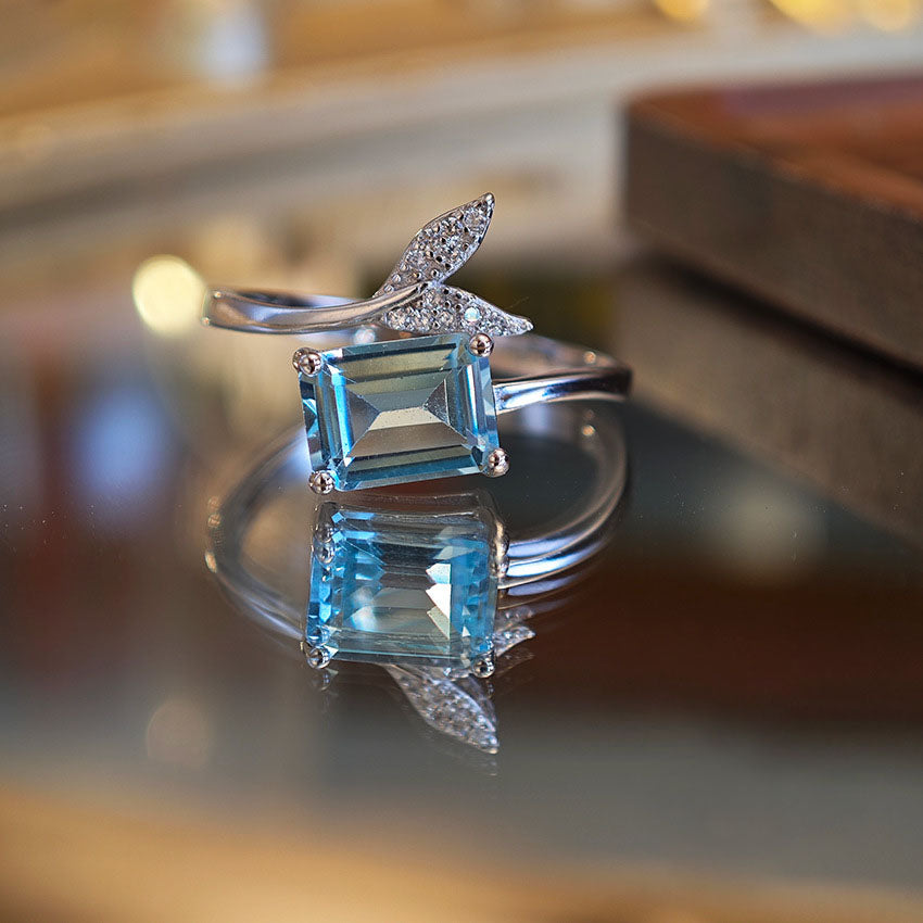 S925 Sterling Silver Jewelry Ring Natural Blue Topaz Gemstone Fishtail Style Simple Luxury Rings