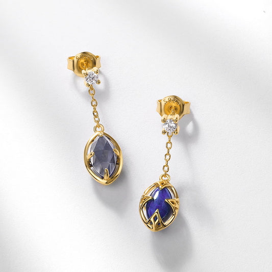 S925 Sterling Silver Jewelry Earrings Natural Lapis Lazuli Gemstone Detachable Drop Earrings