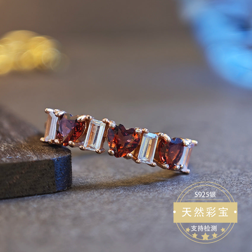 Natural Garnet Gemstone Fine Jewelry 925 Sterling Silver Heart Style Light Luxury Rings