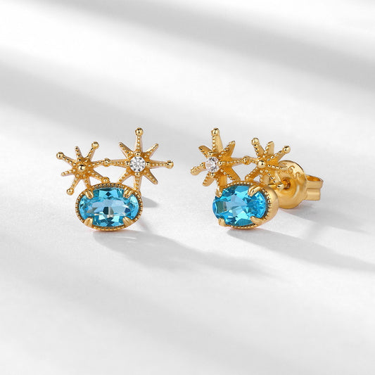 S925 Sterling Silver Jewelry Earrings Natural Swiss Blue Topaz Gemstone Star Style Stud Earrings