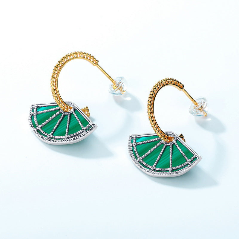S925 Sterling Silver Jewelry Earrings Natural Malachite Gemstone Sector Style Detachable Earrings