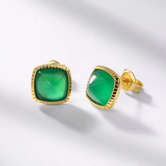 S925 Sterling Silver Jewelry Earrings Natural Green Agate Gemstone Square Style Stud Earrings