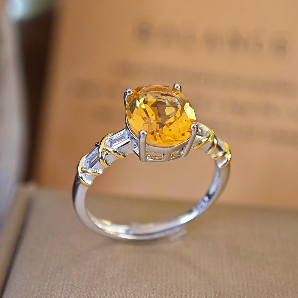 S925 Sterling Silver Jewelry Ring Natural Citrine Gemstone Oval Style Simple Luxury Rings