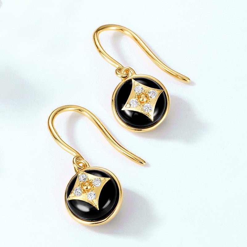 S925 Sterling Silver Jewelry Earrings Natural Black Onyx Gemstone Geometric Style Earrings