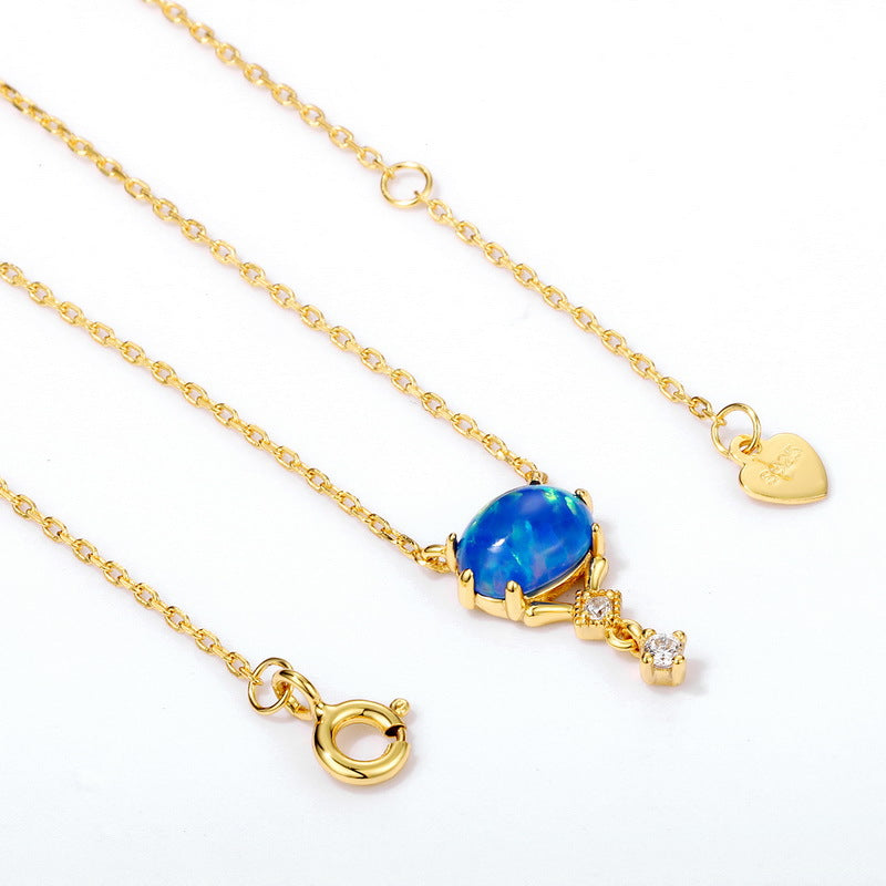 S925 Sterling Silver Jewelry Necklaces Blue Opal Gemstone Simple Luxury Choker Necklace