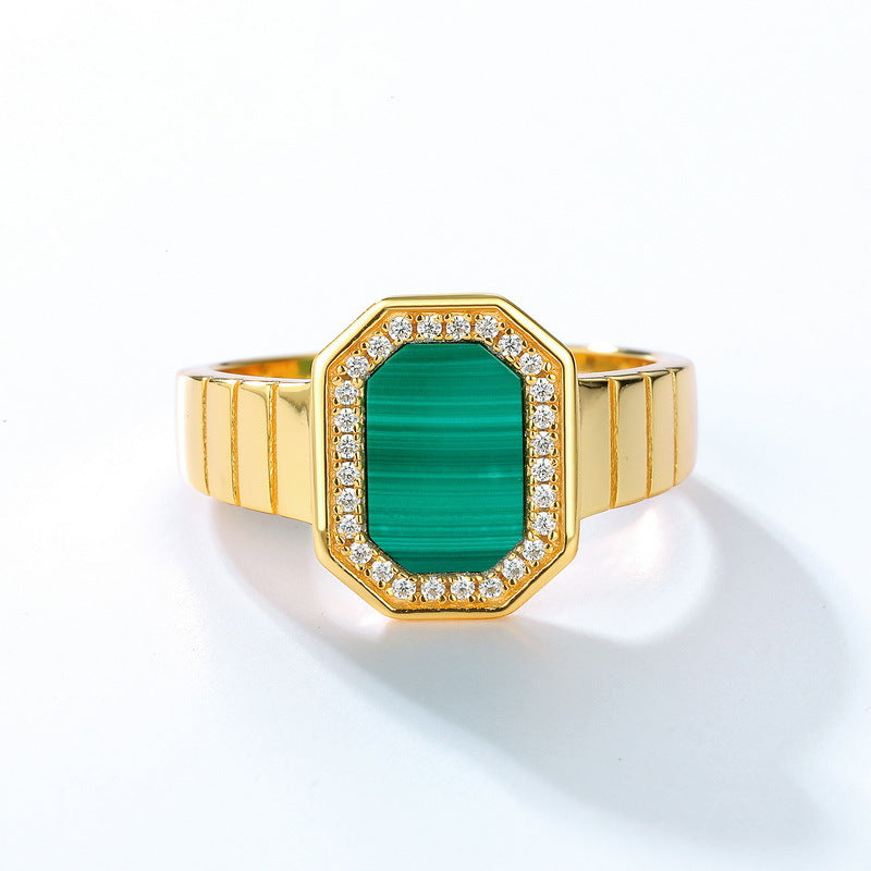 S925 Sterling Silver Jewelry Ring Natural Malachite Gemstone Geometric Simple Luxury Rings