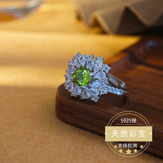 S925 Sterling Silver Fine Jewelry Natural Peridot Gemstone Floral Style Luxury Rings