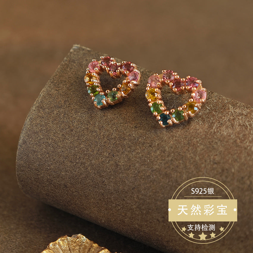 Natural Tourmaline Gemstone Fine Jewelry 925 Sterling Silver Heart Style Stud Earrings