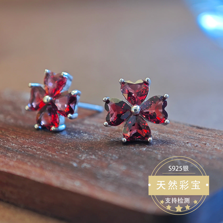 S925 Sterling Silver Jewelry Earrings Natural Garnet Gemstone Floral Style Stud Earrings