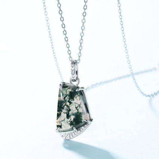 S925 Sterling Silver Jewelry Pendant Natural Moss Agate Gemstone Irregular Style Necklace Charms