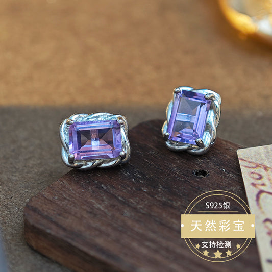 Natural Amethyst Gemstone Fine Jewelry 925 Sterling Silver Rectangular Style Stud Earrings