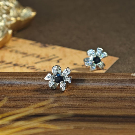 S925 Sterling Silver Jewelry Earrings Natural Sapphire Gemstone Floral Stud Earrings
