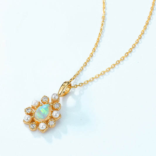 S925 Sterling Silver Jewelry Charms Gold Plating Opal Gemstone Choker Necklace Pendant