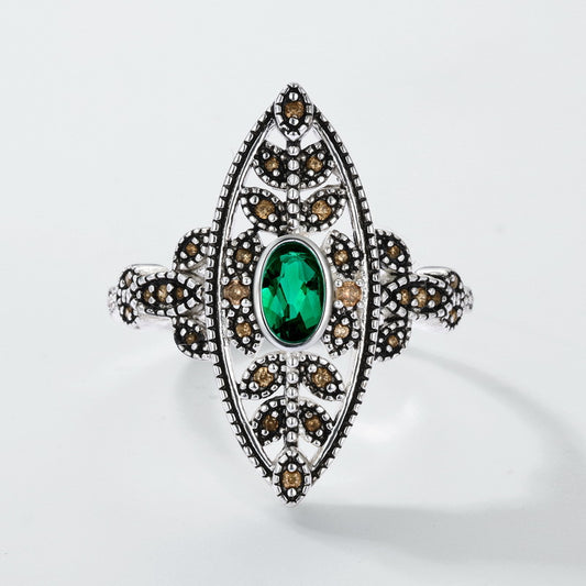 S925 Sterling Silver Jewelry Ring Lab Grown Emerald Gemstone Vintage Leaf Style Ring