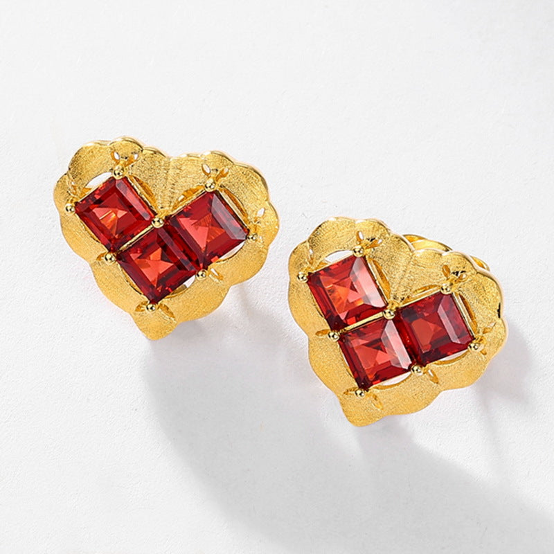 S925 Sterling Silver Jewelry Earrings Natural Garnet Gemstone Brushed Finish Heart Style Earrings
