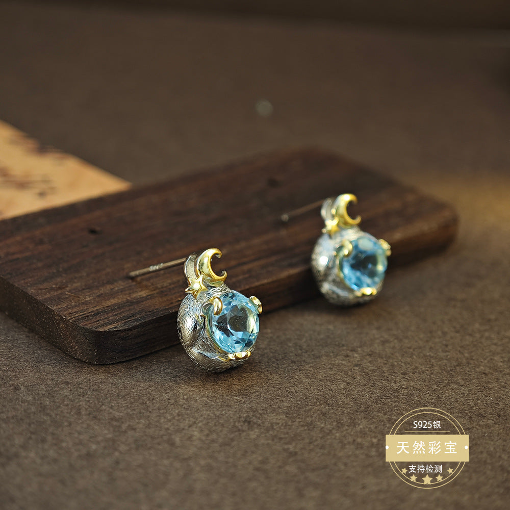 S925 Sterling Silver Jewelry Earrings Natural Topaz Gemstone Unique Design Stud Earrings