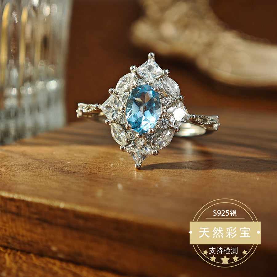 Natural Topaz Gemstone Fine Jewelry 925 Sterling Silver Floral Style Light Luxury Jewelry Rings