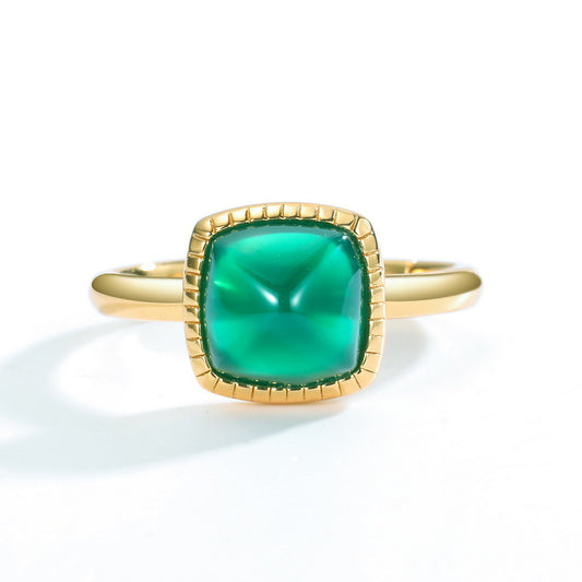 S925 Sterling Silver Jewelry Ring Natural Green Agate Gemstone Square Style Simple Luxury Rings