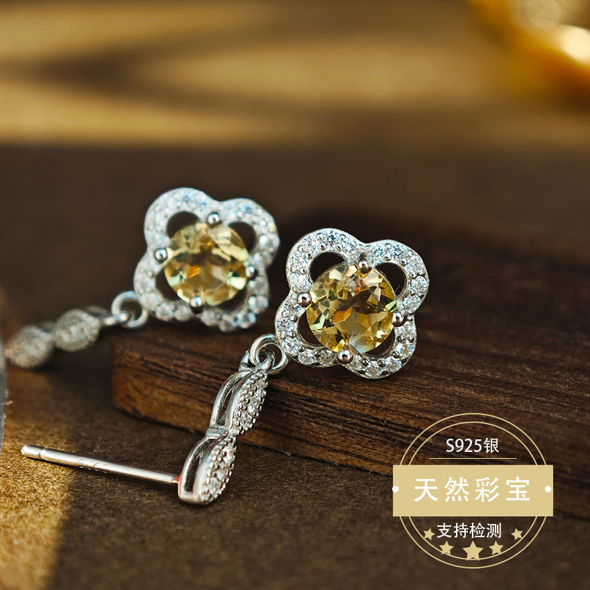 Natural Citrine Gemstone Fine Jewelry 925 Sterling Silver Fashion Light Luxury Drop Earrings