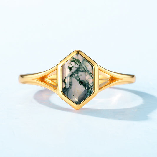 S925 Sterling Silver Jewelry Ring Natural Moss Agate Gemstone Geometric Simple Luxury Rings