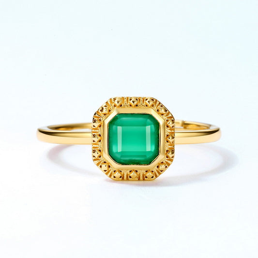 S925 Sterling Silver Jewelry Ring Natural Green Agate Gemstone Vintage Palace Style Rings