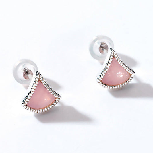 S925 Sterling Silver Jewelry Earrings Natural Pink Shell Gemstone Geometric Sector Style Earrings