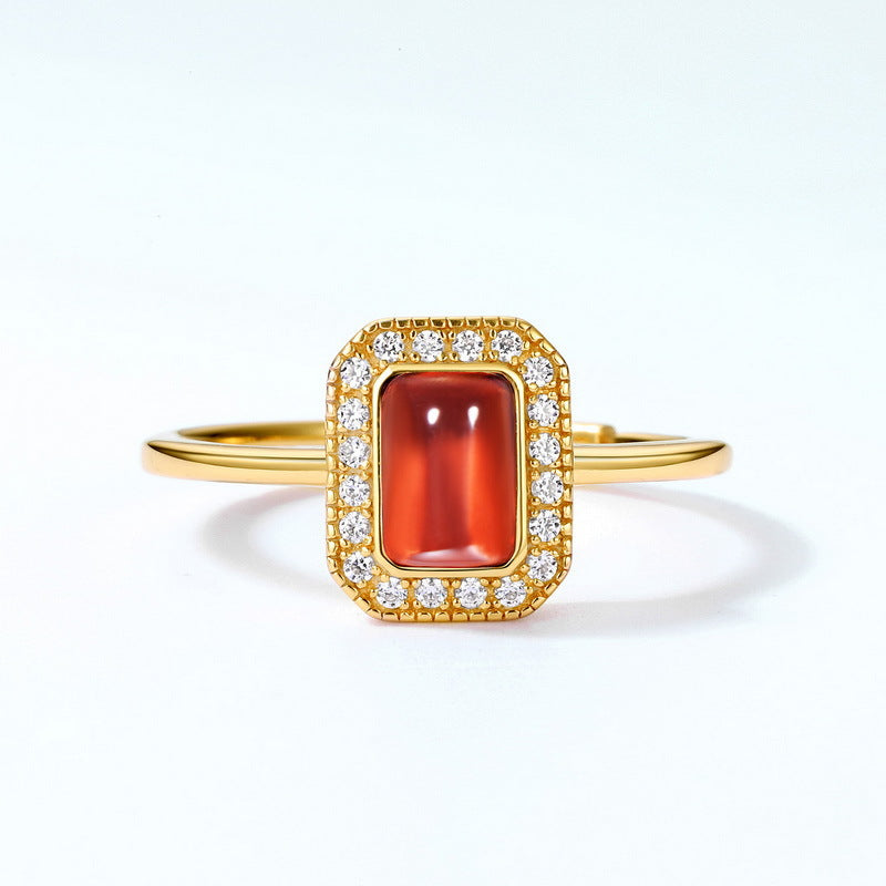 S925 Sterling Silver Jewelry Ring Natural Mozambique Garnet Gemstone Board Style Ring