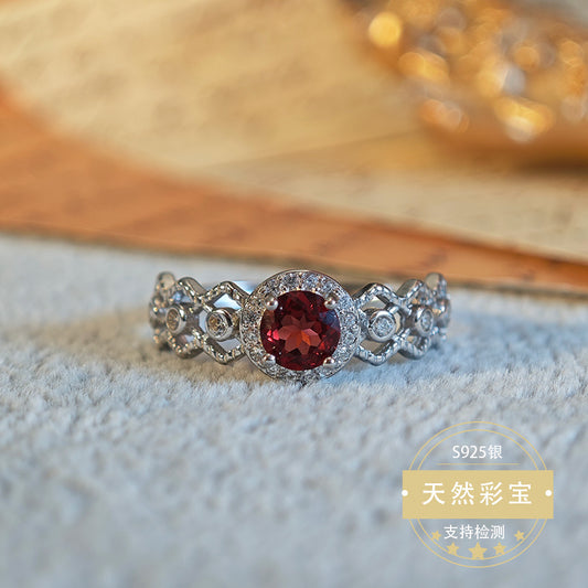 S925 Sterling Silver Jewelry Ring Natural Garnet Gemstone Lace Style Simple Luxury Rings