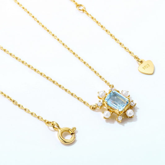 S925 Sterling Silver Jewelry Necklaces Natural Sky Blue Topaz Gemstone Snowflake Necklace