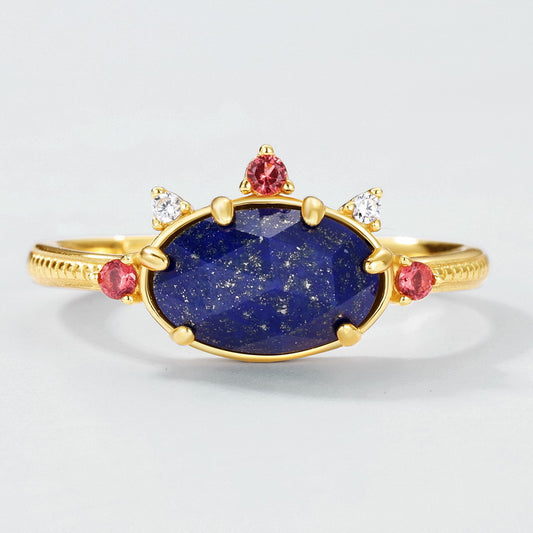 S925 Sterling Silver Jewelry Ring Natural Lapis Lazuli Gemstone Vintage Oval Style Rings