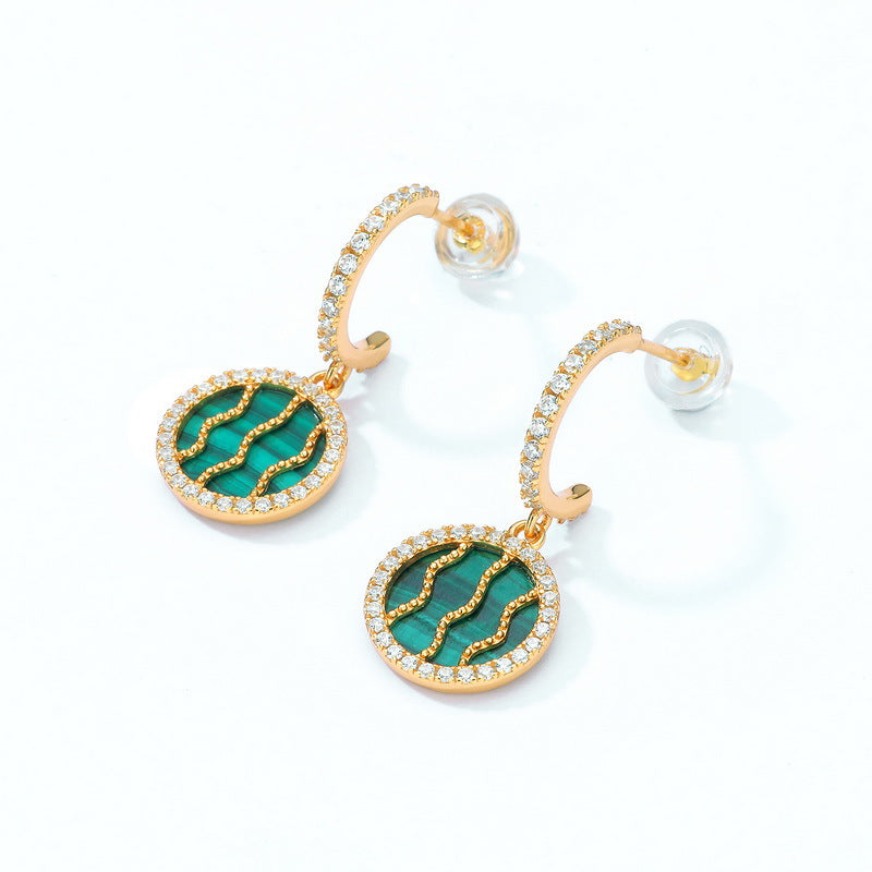 S925 Sterling Silver Jewelry Earrings Natural Malachite Gemstone Round Style Drop Earrings