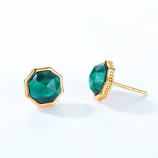 S925 Sterling Silver Jewelry Earrings Natural Malachite Gemstone Geometric Stud Earrings